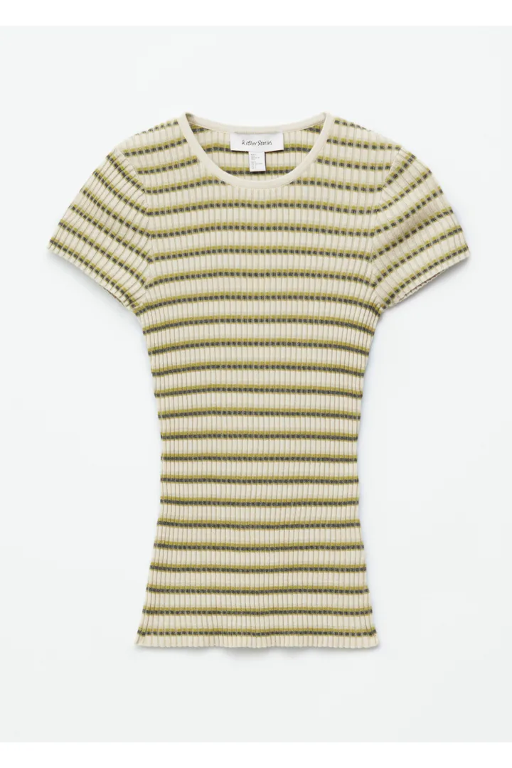 앤아더스토리즈 스트라이프 립 니트 티셔츠의 베이지/그린 스트라이프컬러 Product입니다.