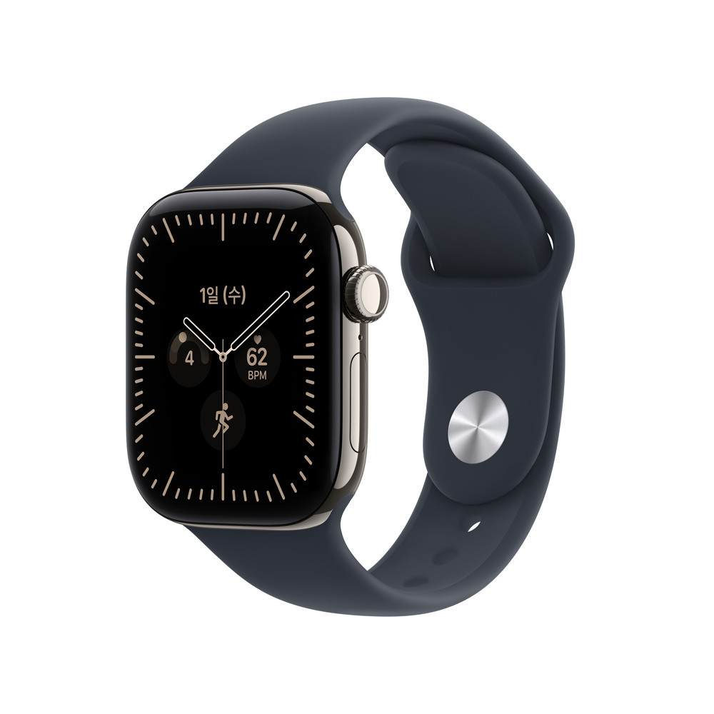 [현대백화점] Apple Watch Series 12 GPS + Cellular 42mm 내추럴 티타늄 케이스와 네이비 블루 스포츠 밴드 - S/M MJGF4KH/A