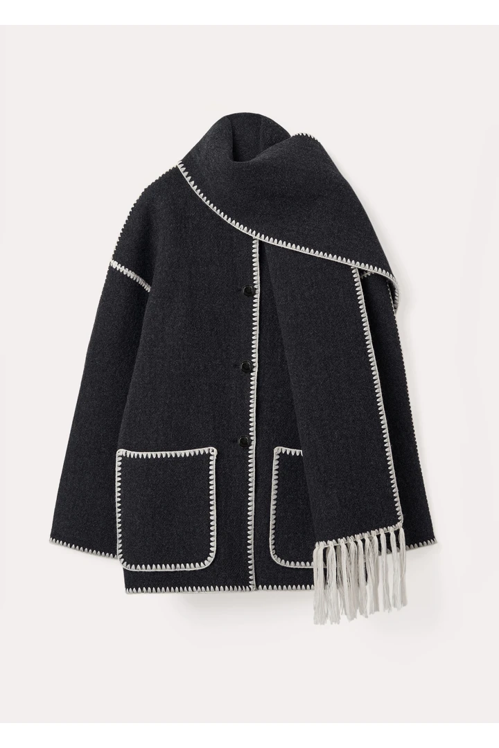 TOTEME 엠브로이더드 스카프 재킷 다크 그레이 멜란지의 다크 그레이 멜란지컬러 6번쨰 이미지입니다.