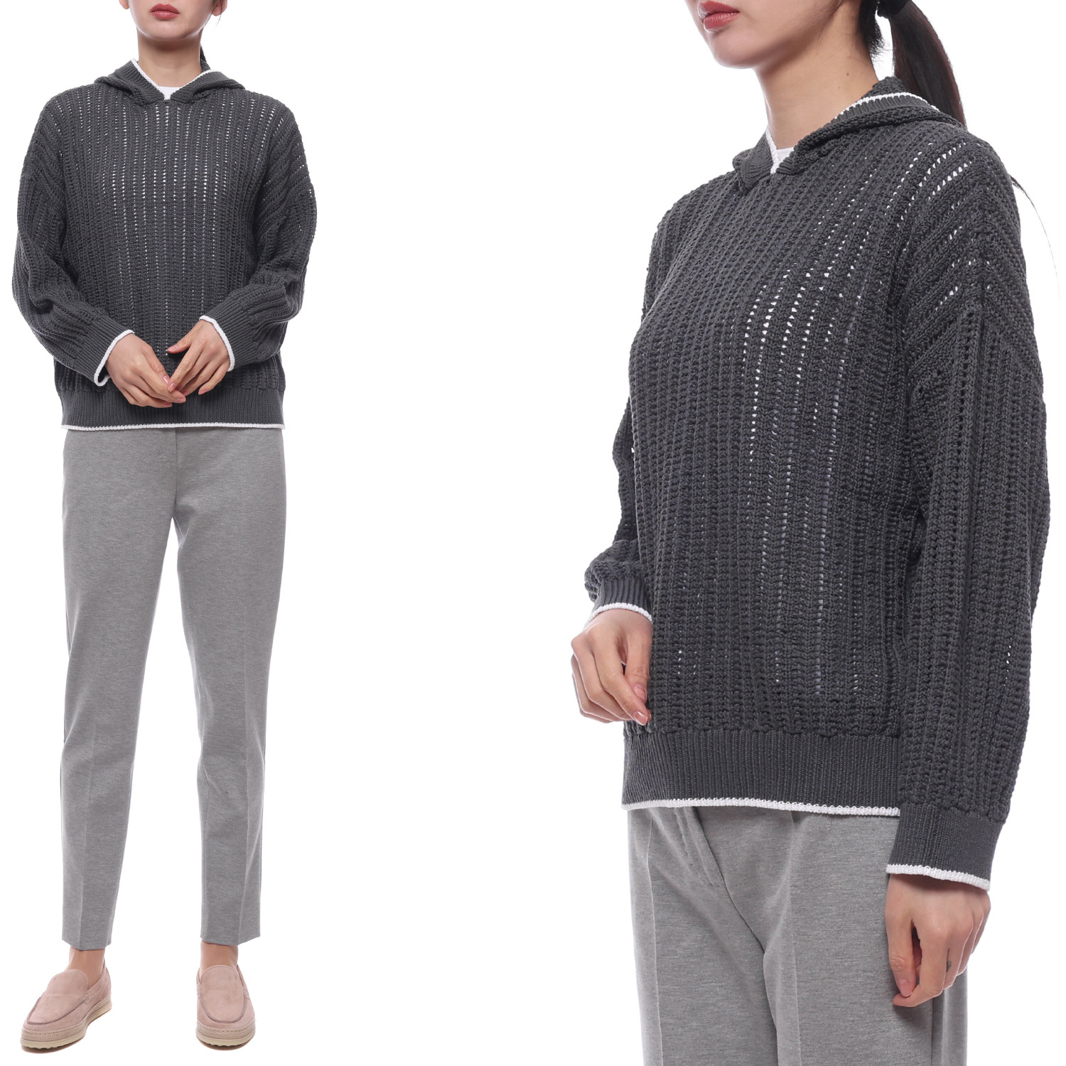 [현대백화점] [H.Point Pay현대백화점카드5%즉시할인~04/05]25SS 여성 모닐리 오픈워크 리브 후드 니트 (MSB582009 C079 25S) +할인쿠폰