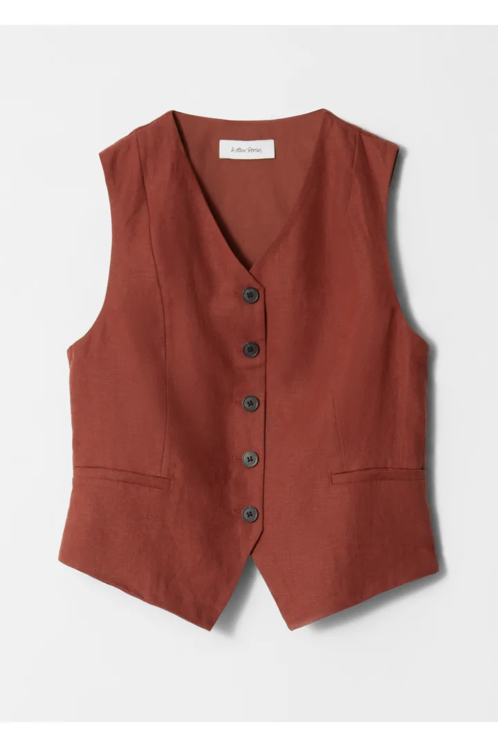 앤아더스토리즈 테일러드 리넨 웨이스트코트의 버건디컬러 Product입니다.