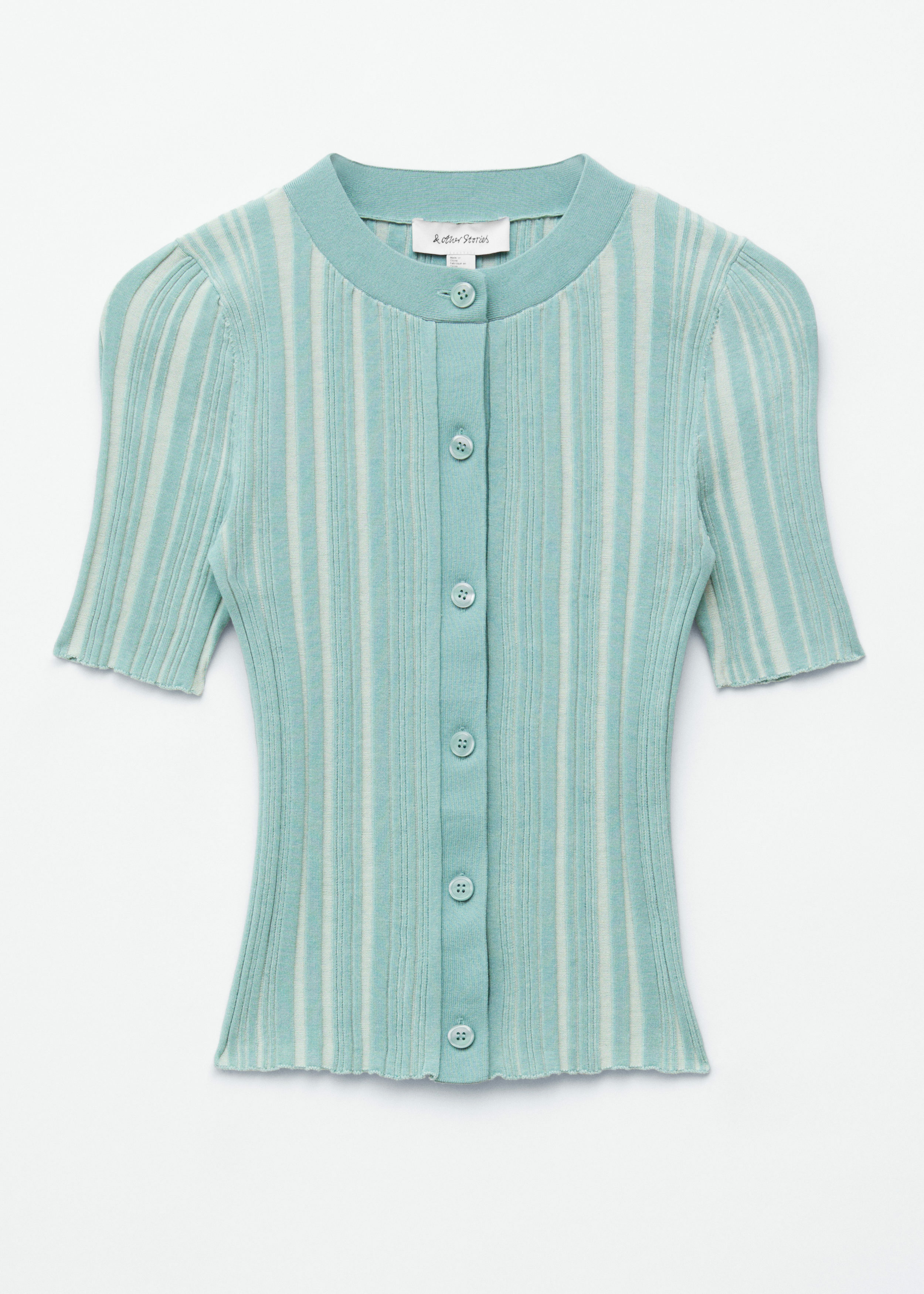 앤아더스토리즈 쇼트 슬리브 립 니트 가디건의 터쿼이즈컬러 Product입니다.