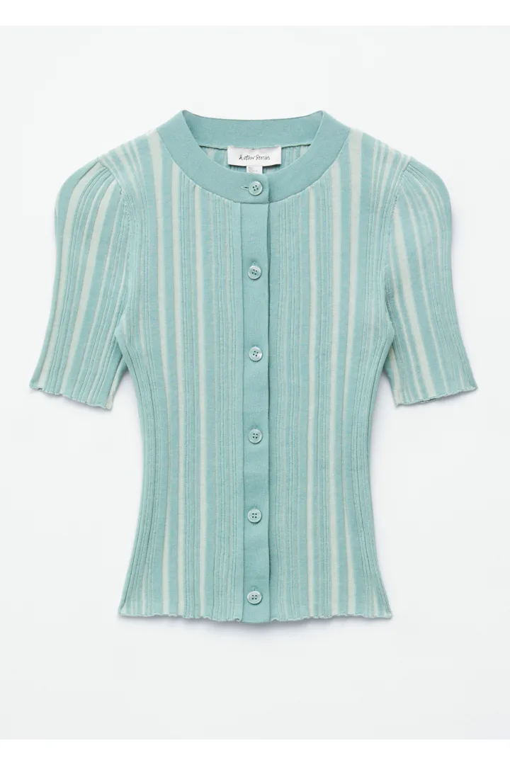 앤아더스토리즈 쇼트 슬리브 립 니트 가디건의 터쿼이즈컬러 Product입니다.