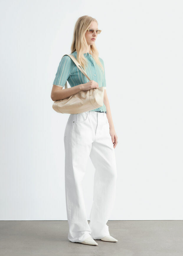 앤아더스토리즈 쇼트 슬리브 립 니트 가디건의 터쿼이즈컬러 ECOMLook입니다.