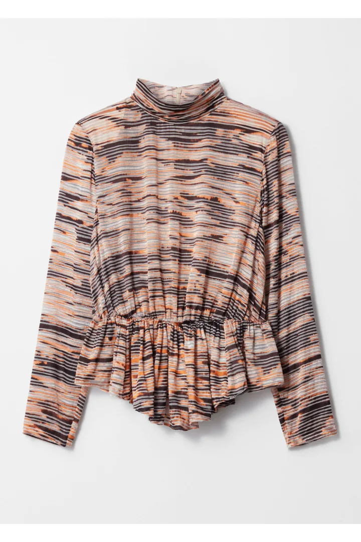 앤아더스토리즈 페플럼 탑의 골드-블랙 스트라이프컬러 Product입니다.