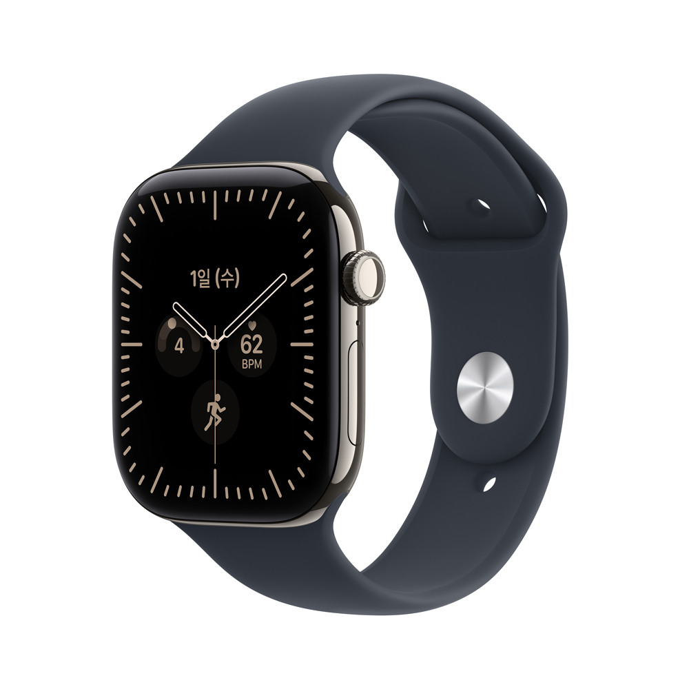 [현대백화점] Apple Watch Series 12 GPS + Cellular 46mm 내추럴 티타늄 케이스와 네이비 블루 스포츠 밴드 - M/L MJGN4KH/A