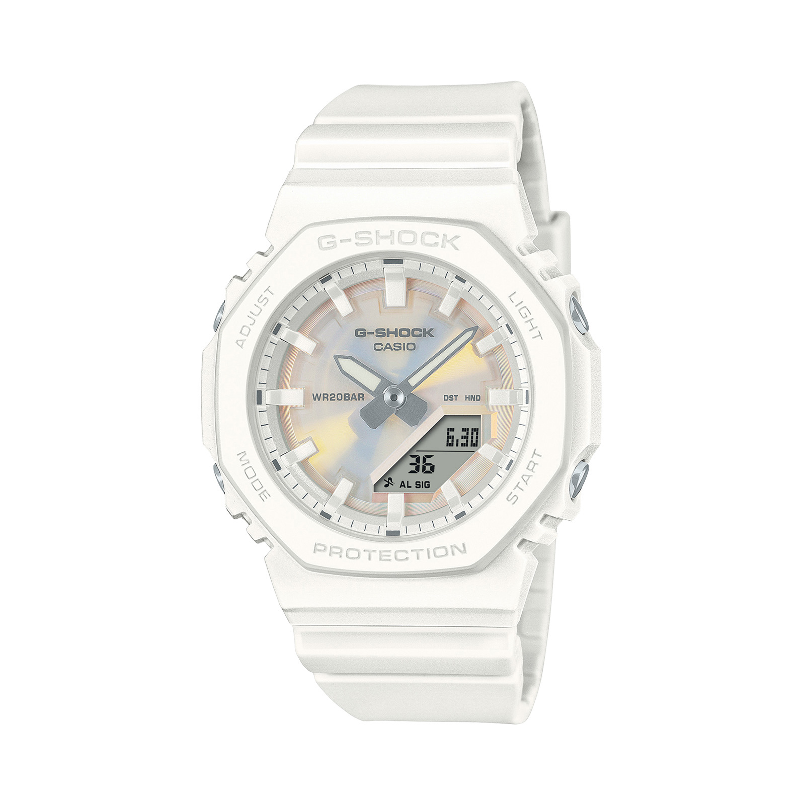 CASIO(카시오) [H.Point Pay현대백화점카드7%즉시할인~07/19]GMA-P2100PC-7ADR 지샥 지얄오크 미니 샤이닝 화이트 전자시계 +할인쿠폰