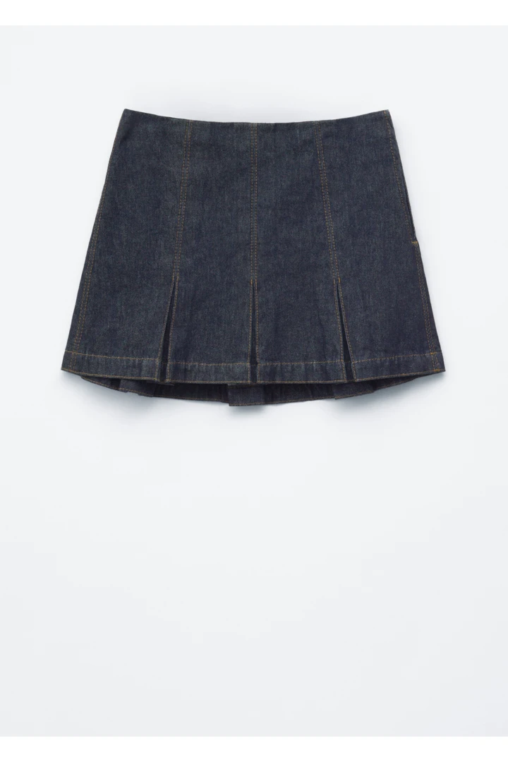 &OS image Style With default 0 of null in 플리츠 데님 미니 스커트