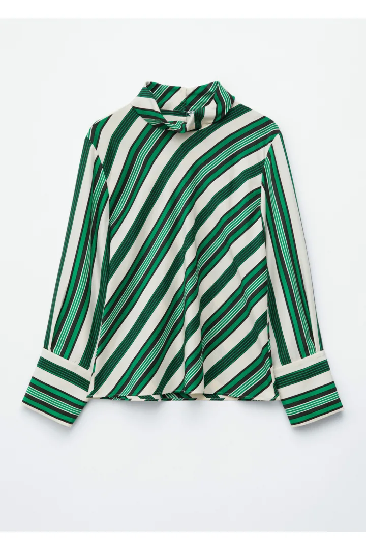 앤아더스토리즈 스탠드 카라 실크 블라우스의 그린-화이트 스트라이프컬러 Product입니다.