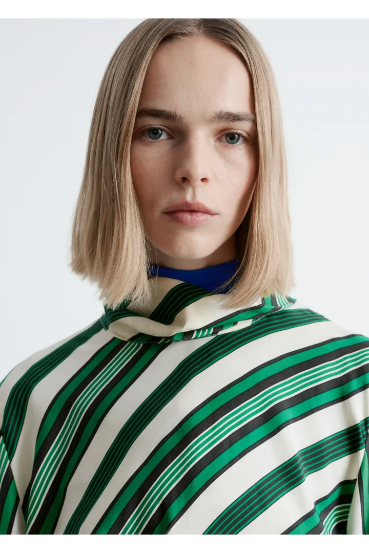 앤아더스토리즈 스탠드 카라 실크 블라우스의 그린-화이트 스트라이프컬러 ECOMLook입니다.