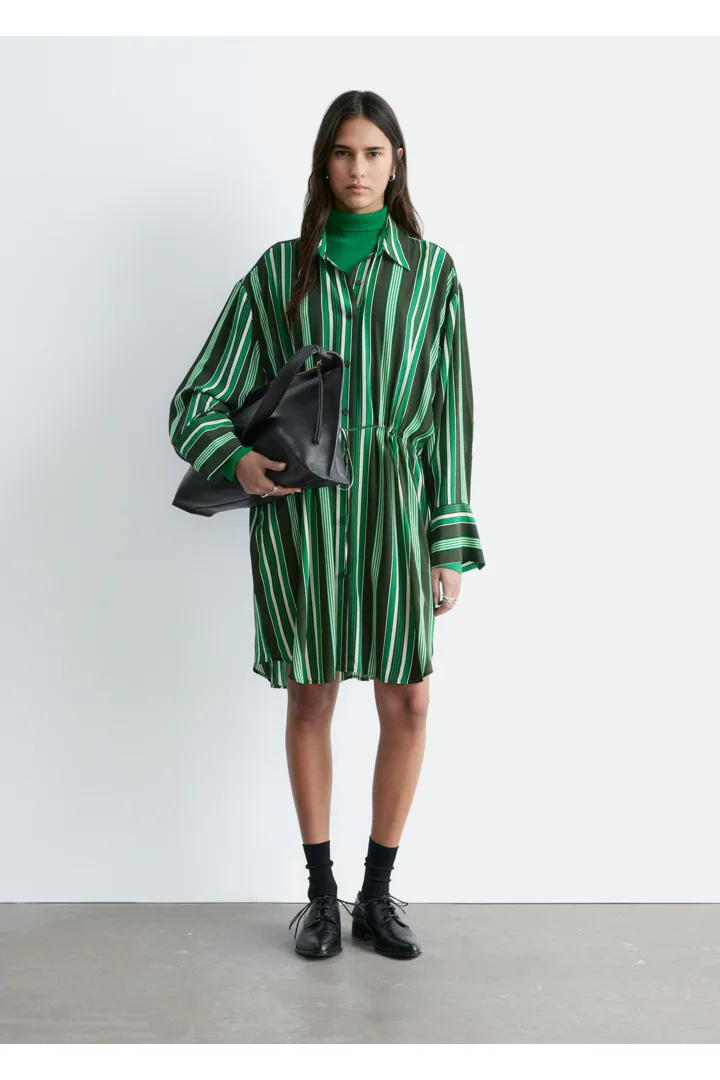 앤아더스토리즈 오버사이즈 드로스트링 셔츠 드레스의 그린 스트라이프컬러 ECOMLook입니다.