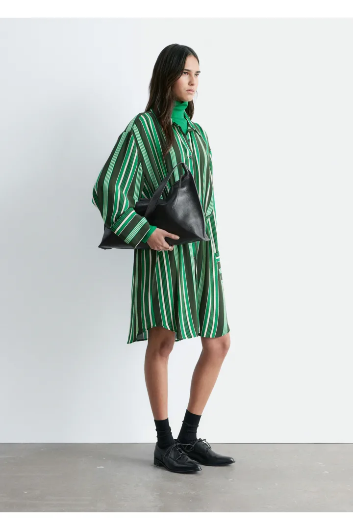 앤아더스토리즈 오버사이즈 드로스트링 셔츠 드레스의 그린 스트라이프컬러 ECOMLook입니다.