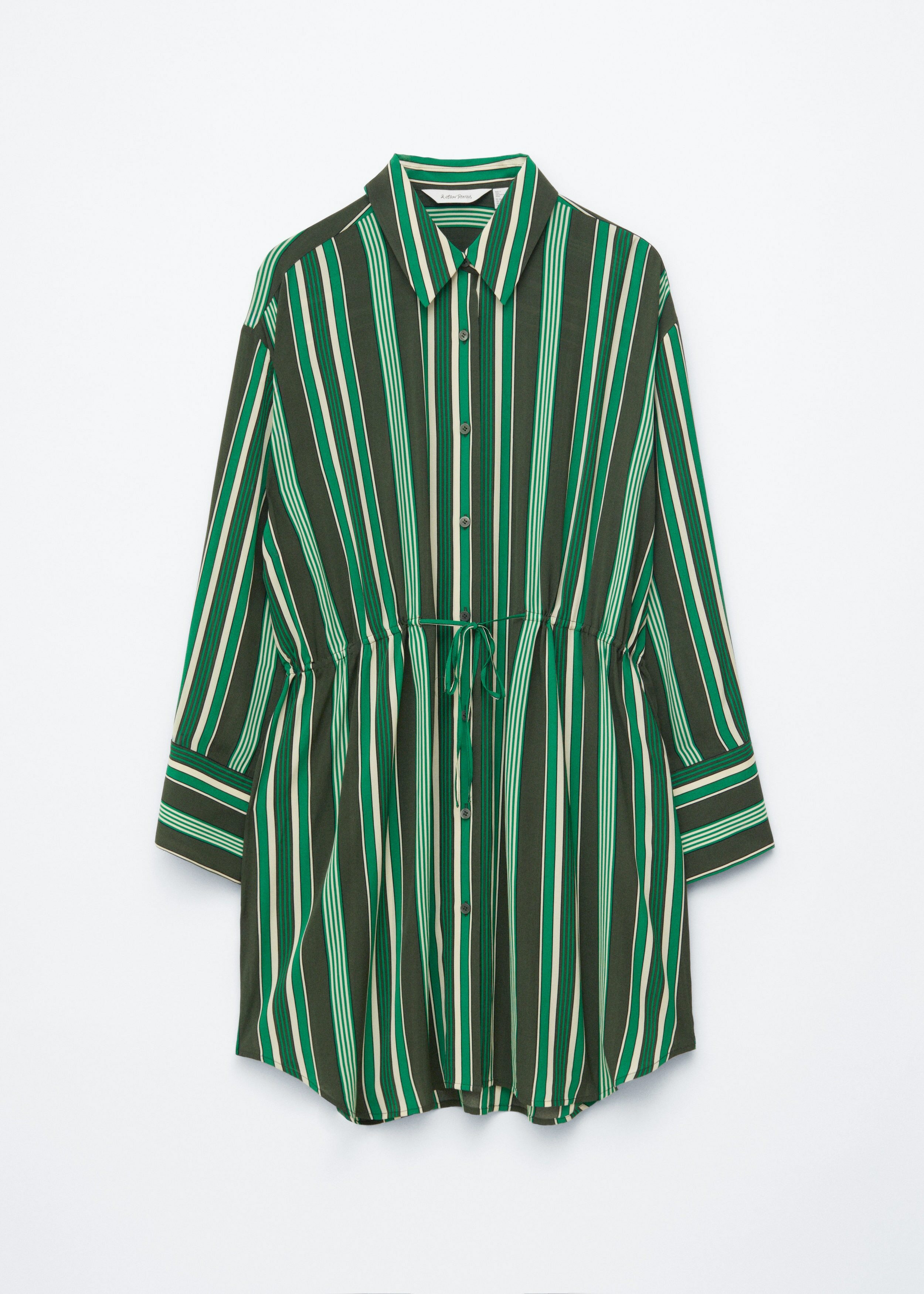 앤아더스토리즈 오버사이즈 드로스트링 셔츠 드레스의 그린 스트라이프컬러 Product입니다.