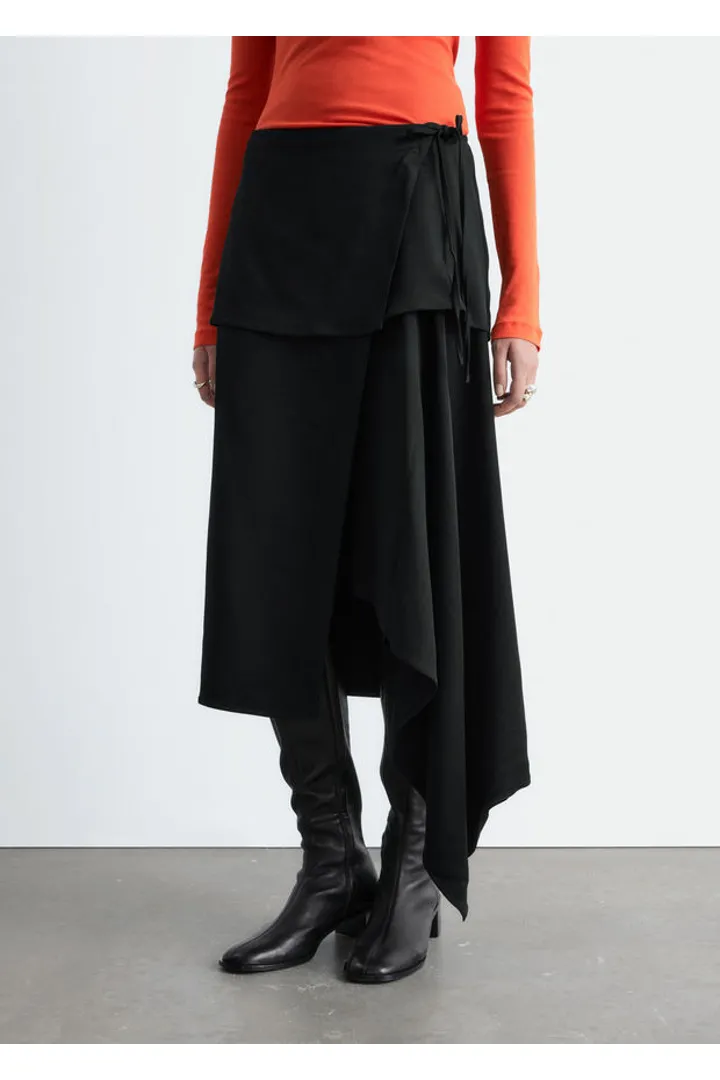 앤아더스토리즈 비대칭 랩 미디 스커트의 블랙컬러 ECOMLook입니다.