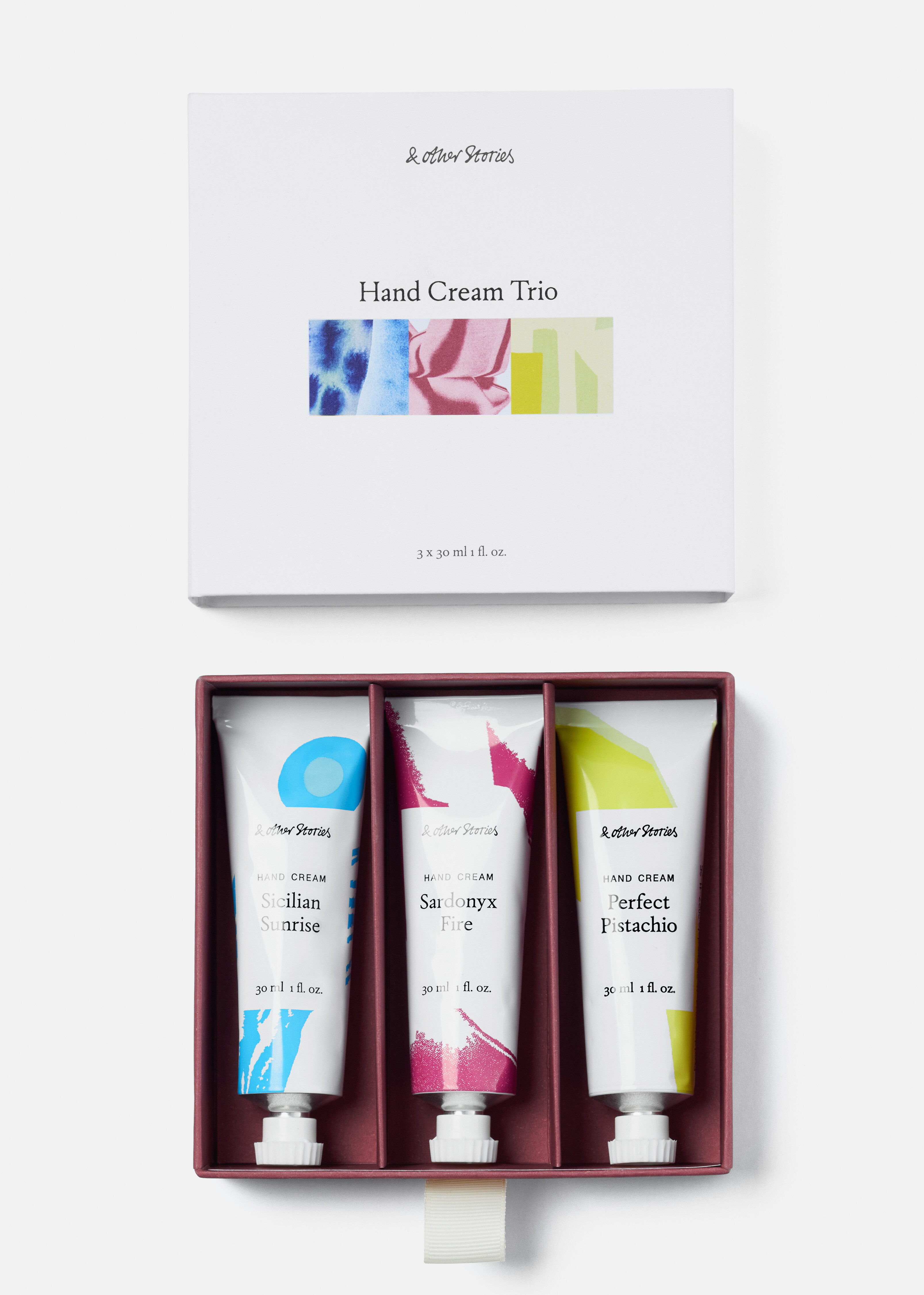 앤아더스토리즈 핸드 크림 트리오 키트의 블루, 레드, 옐로우컬러 Product입니다.