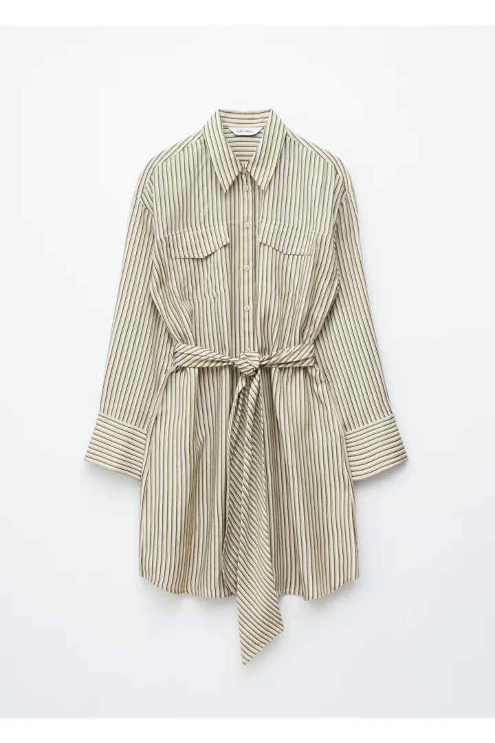 앤아더스토리즈 타이 벨트 미니 셔츠 드레스의 화이트-그린 핀스트라이프컬러 Product입니다.