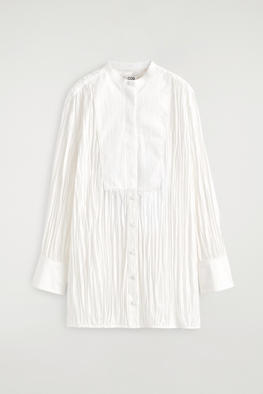 빕 프런트 크링클드 코튼 셔츠 드레스