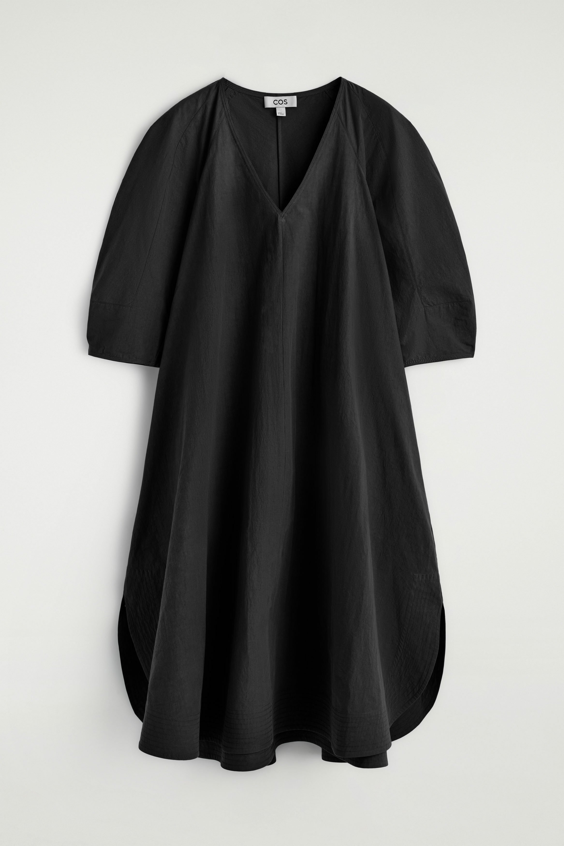 라운드 브이넥 코튼 미디 드레스