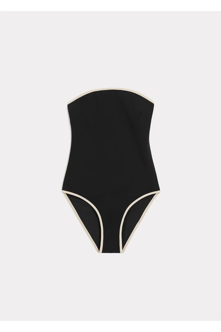 스트라이프 엣지 스트래플리스 스윔수트 블랙