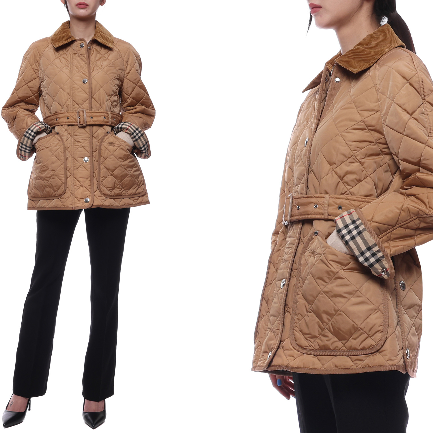 [현대백화점] [버버리] 24FW 여성 코듀로이 다이아몬드 퀼팅 재킷 (8071842 ARCHIVE BEIGE 24F) +할인쿠폰