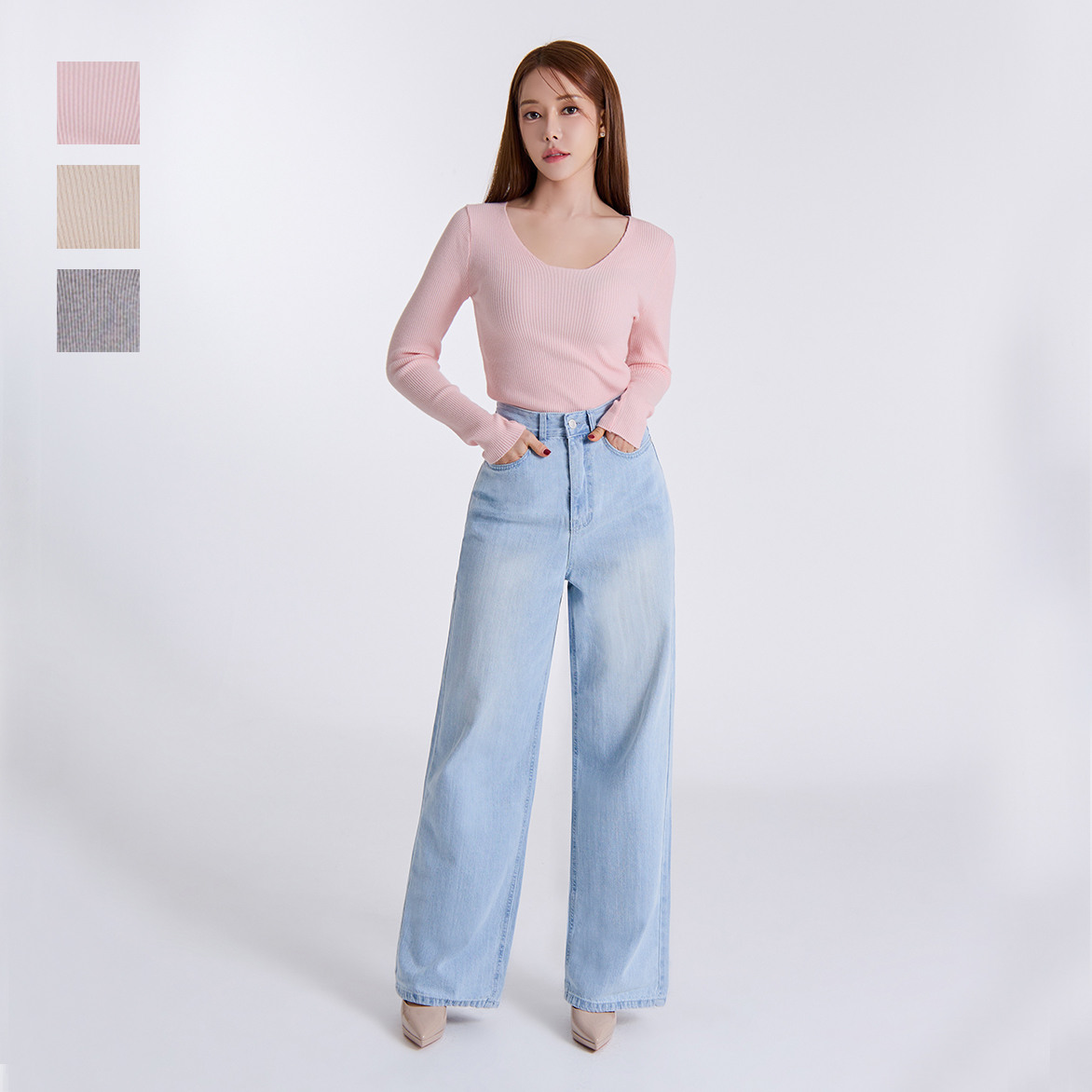 살롱드서울 [현대백화점] 슬림핏 에포트리스 스퀘어넥 니트[pastel pink/Oatmeal/Grey] +할인쿠폰