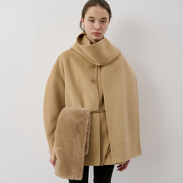 High Neck Short Handmade Coat With Muffler(Beige) 상품 이미지