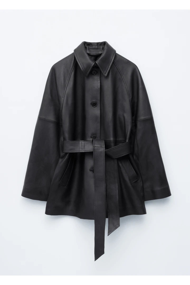 &OS image Style With default 0 of null in 타이 벨트 레더 코트